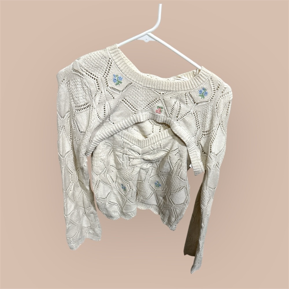 Cream Knit Sweater with Floral Embroidery